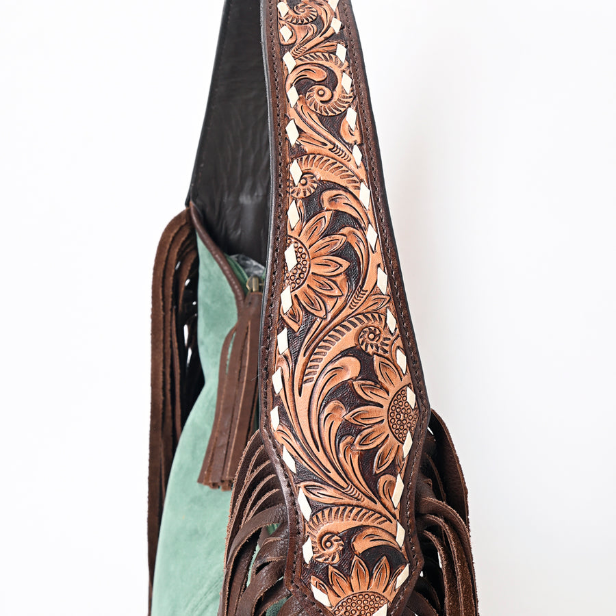 American Darling Hand Tooled Floral Carved Suede Genuine Leather Fringe Hobo Bag Buck Stitched Eco-Friendly Western
