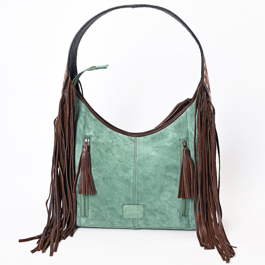 American Darling Hand Tooled Floral Carved Suede Genuine Leather Fringe Hobo Bag Buck Stitched Eco-Friendly Western