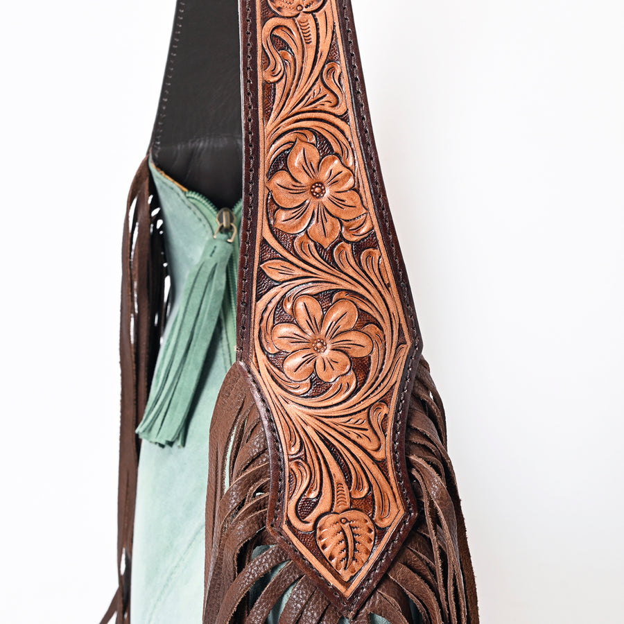 American Darling Hand Tooled Floral Carved Suede Genuine Leather Fringe Hobo Bag Vegetable-Tanned Eco-Friendly Western