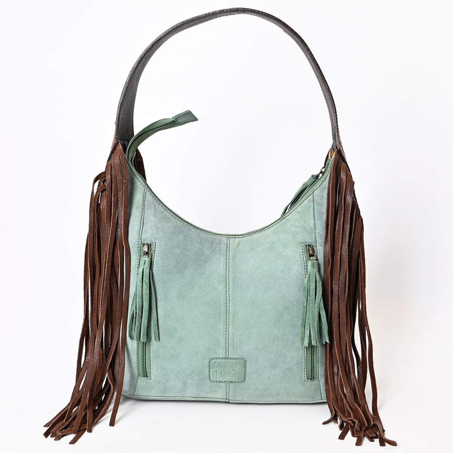 American Darling Hand Tooled Floral Carved Suede Genuine Leather Fringe Hobo Bag Vegetable-Tanned Eco-Friendly Western
