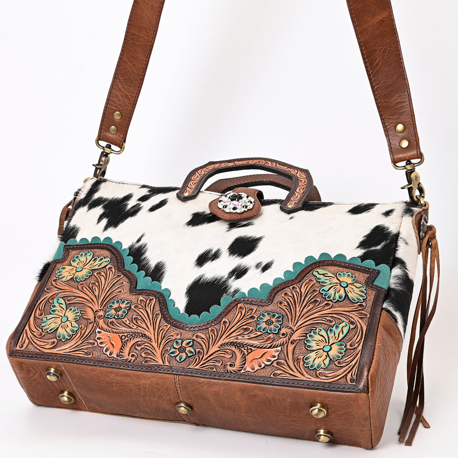 American Darling Hair-On Cowhide Hand Tooled Floral Carved Genuine Leather Tote Bag Concho Vegetable-Tanned Western Everyday