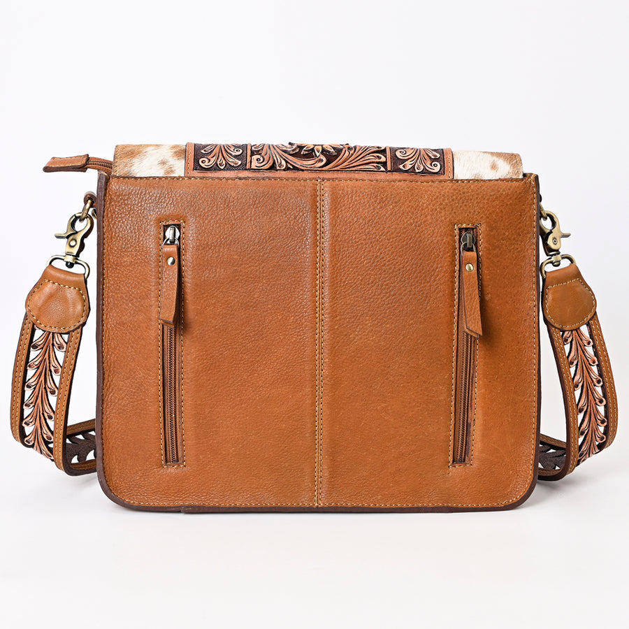 American Darling Hair-On Cowhide Hand Tooled Floral Carved Genuine Leather Messenger Bag Vegetable-Tanned Eco-Friendly