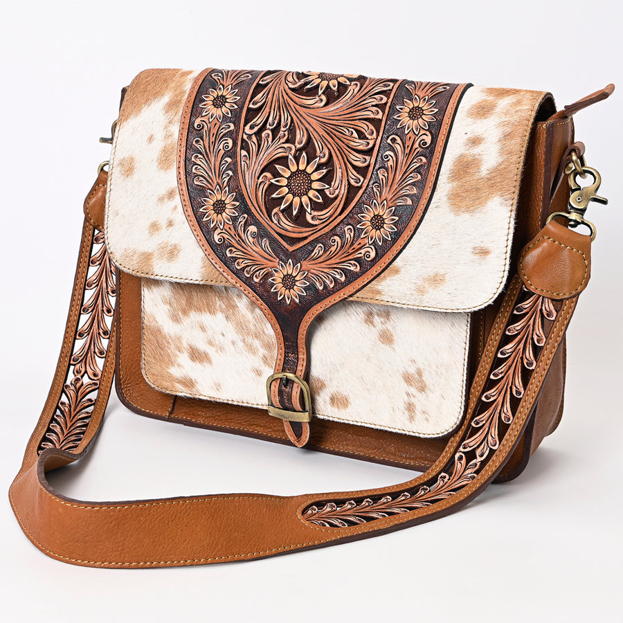 American Darling Hair-On Cowhide Hand Tooled Genuine Leather Messenger Bag - Uhorse