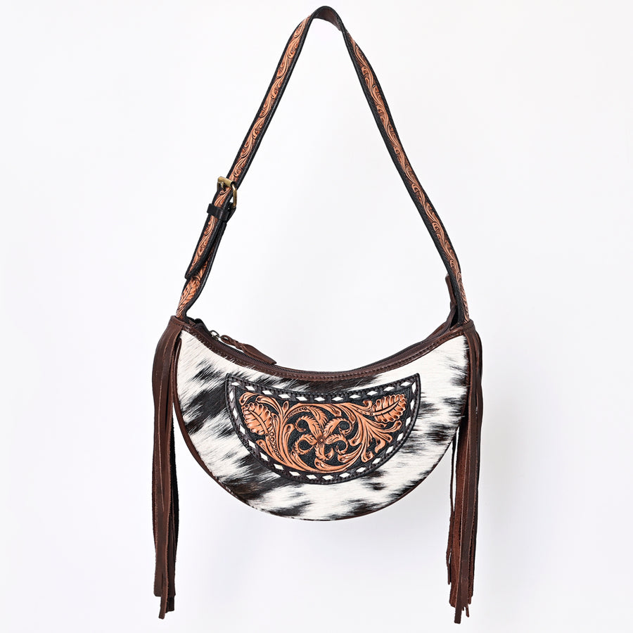 American Darling Hand Tooled Floral Carved Hair-On Cowhide Genuine Leather Fringe Hobo Bag Vegetable-Tanned Eco-Friendly