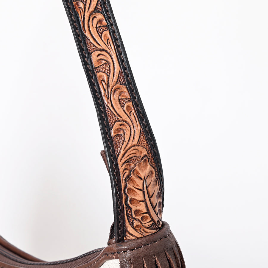 American Darling Hand Tooled Floral Carved Hair-On Cowhide Genuine Leather Fringe Hobo Bag Vegetable-Tanned Eco-Friendly