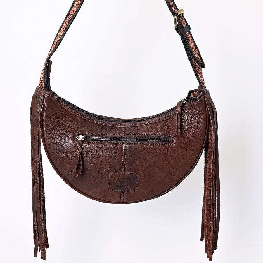 American Darling Hand Tooled Floral Carved Hair-On Cowhide Genuine Leather Fringe Hobo Bag Vegetable-Tanned Eco-Friendly