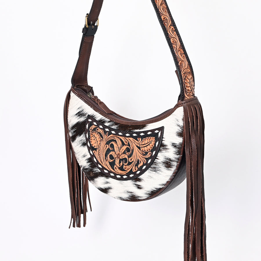 American Darling Hair-On Cowhide Fringe Hobo Bag Hand Tooled Genuine Leather - Uhorse