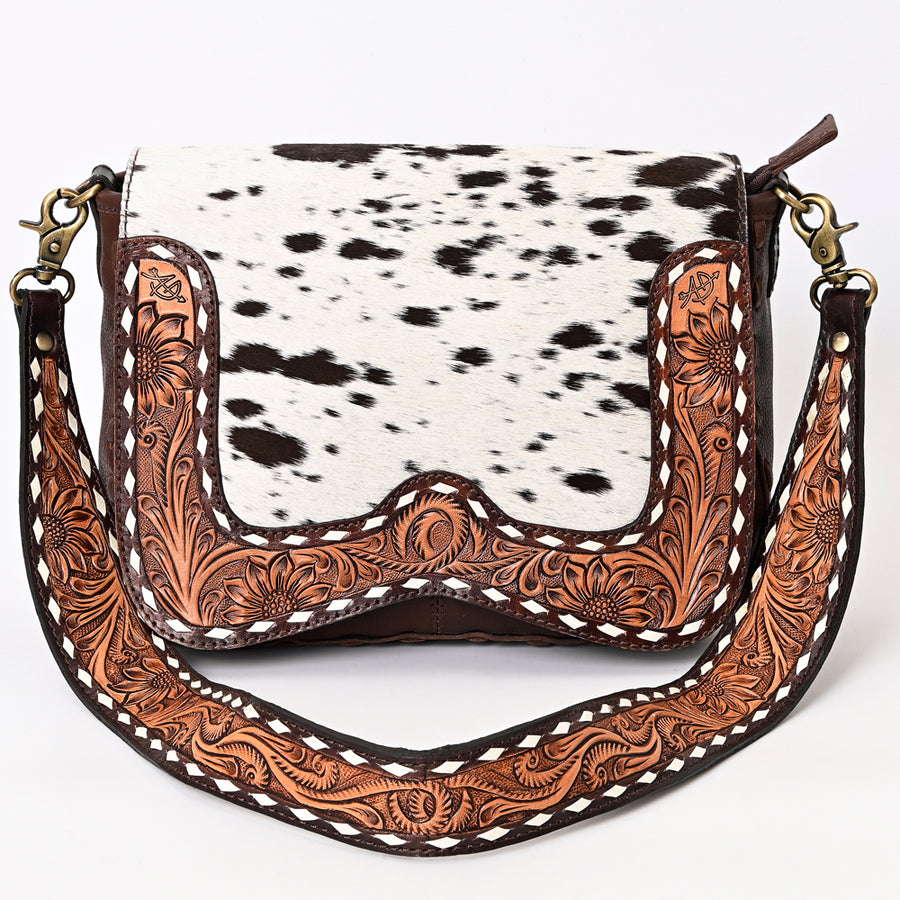 American Darling Hair-On Cowhide Hand Tooled Floral Carved Buck Stitched Genuine Leather Small Cross body Bag Vegetable-Tanned