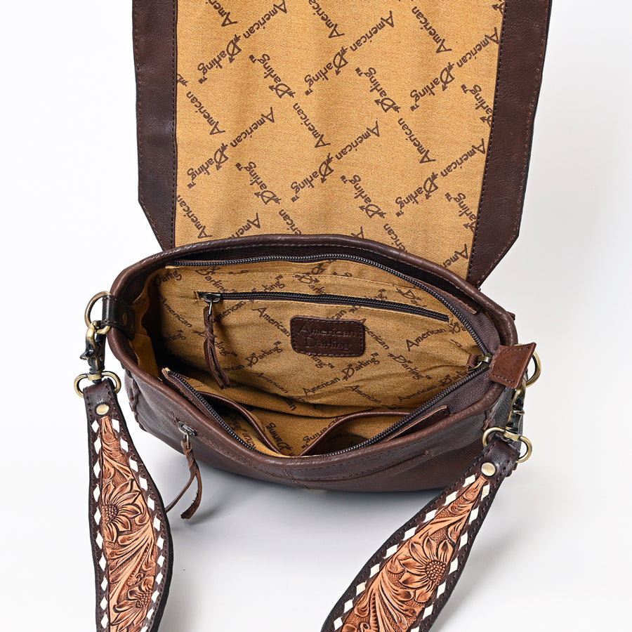 American Darling Hair-On Cowhide Hand Tooled Floral Carved Buck Stitched Genuine Leather Small Cross body Bag Vegetable-Tanned