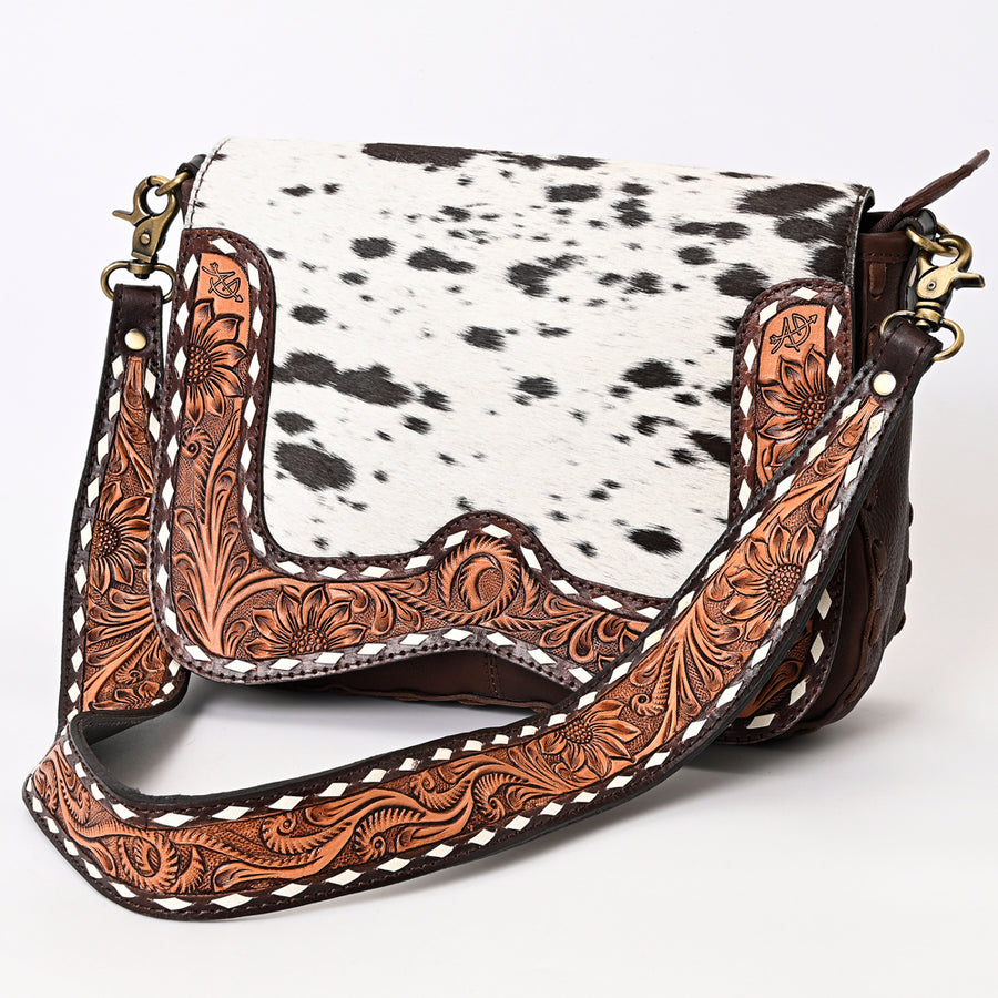 American Darling Hair-On Cowhide Buck Stitched Small Cross body Bag Hand Tooled Genuine Leather - Uhorse