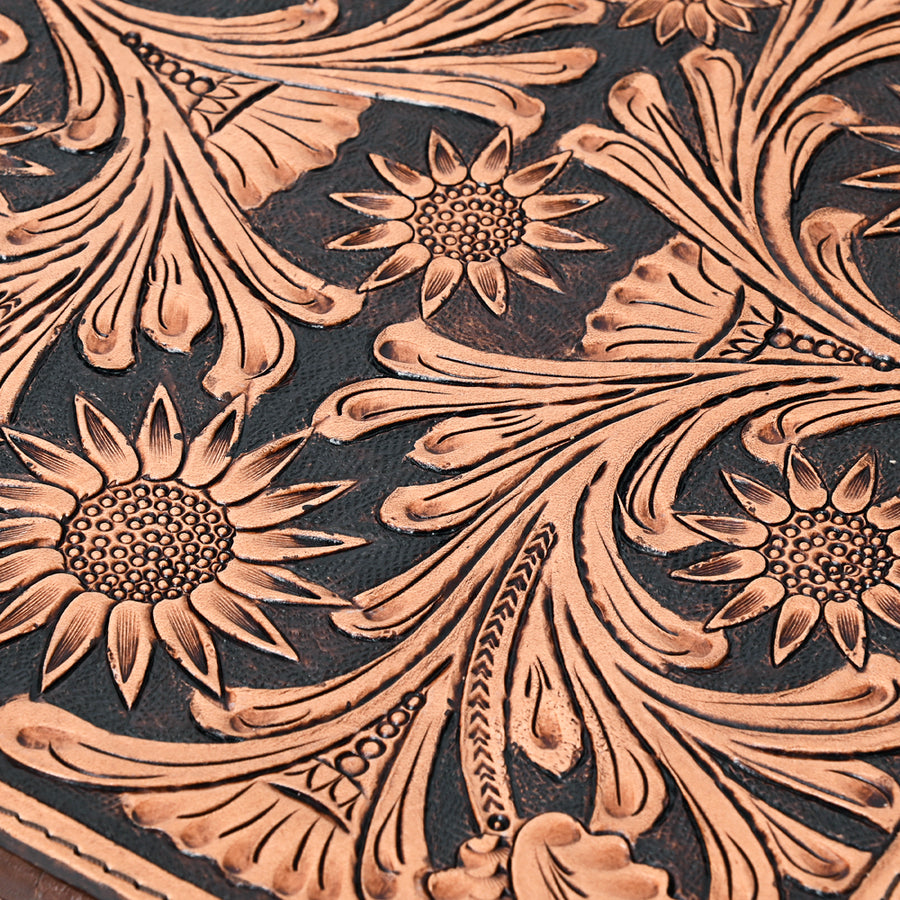 American Darling Jewelry Case for Women - Hair-On Cowhide, Hand Tooled Floral Carved Genuine Leather Travel Organizer