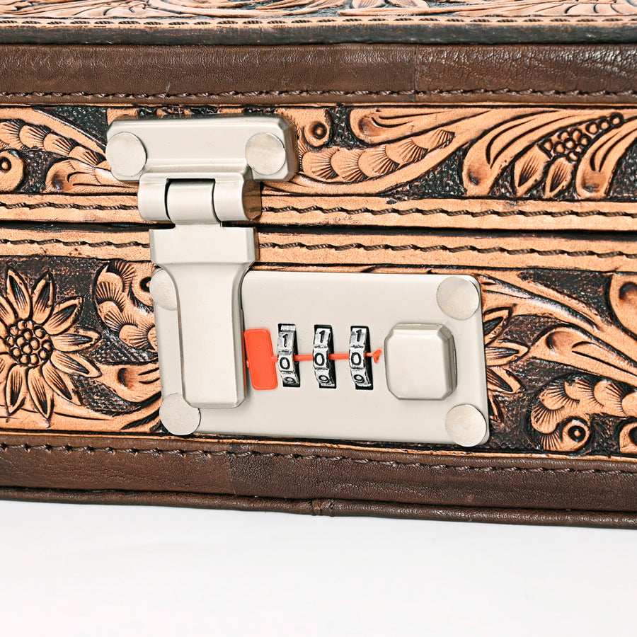 American Darling Jewelry Case for Women - Hair-On Cowhide, Hand Tooled Floral Carved Genuine Leather Travel Organizer