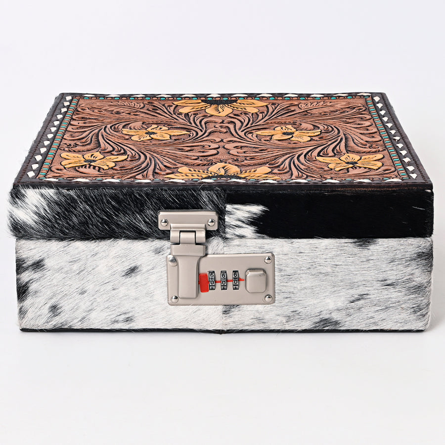 American Darling Jewelry Case for Women - Hair-On Cowhide, Hand Tooled Floral Carved Genuine Leather Travel Organizer