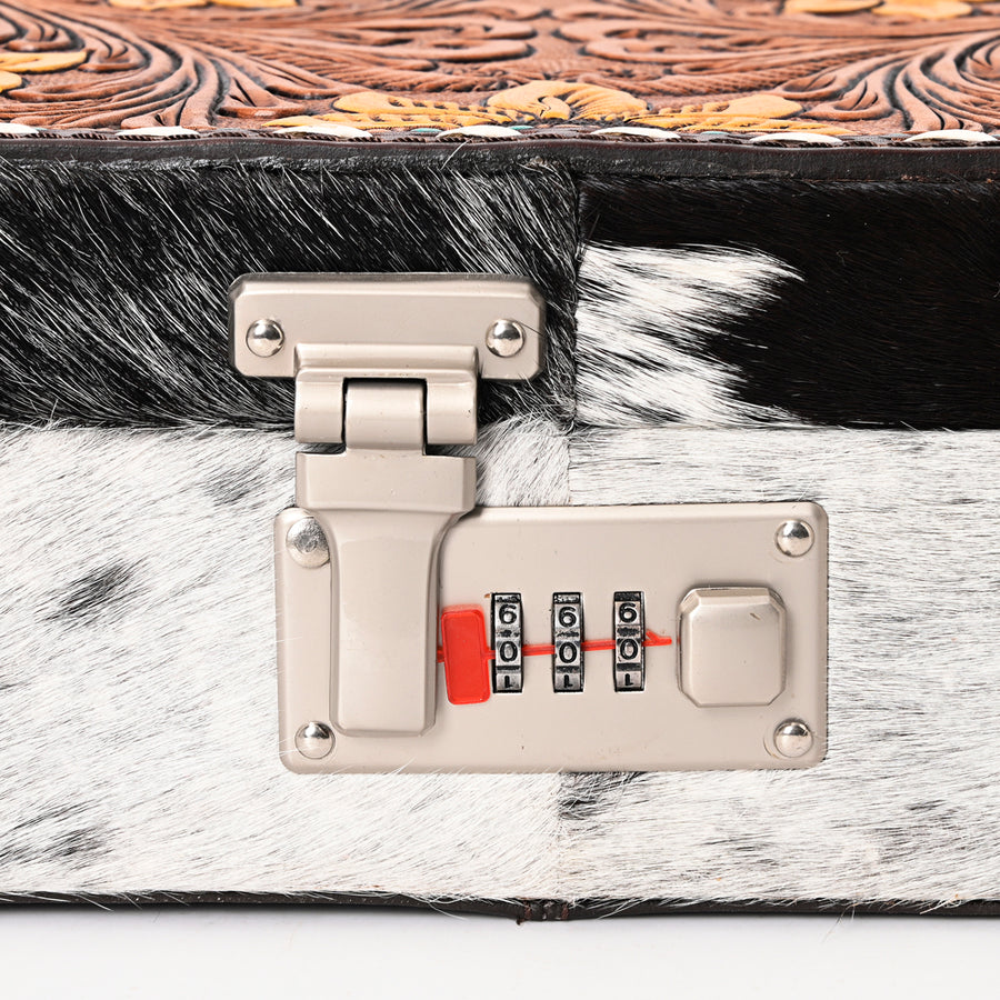 American Darling Jewelry Case for Women - Hair-On Cowhide, Hand Tooled Floral Carved Genuine Leather Travel Organizer