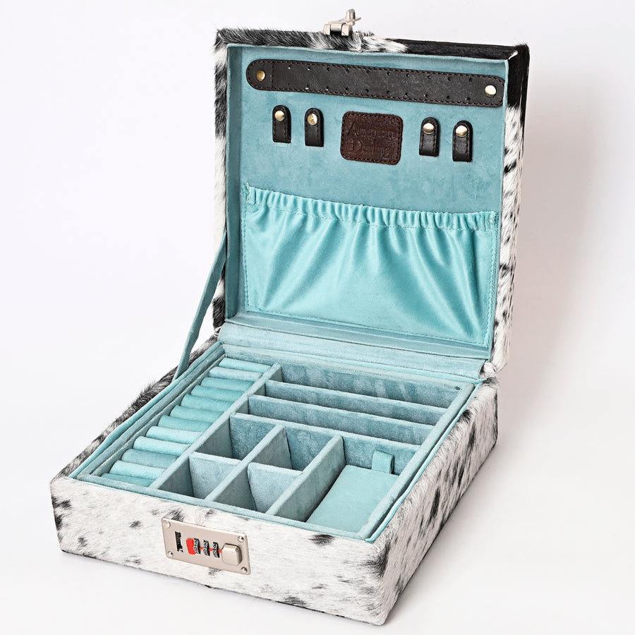 American Darling Jewelry Case for Women - Hair-On Cowhide, Hand Tooled Floral Carved Genuine Leather Travel Organizer