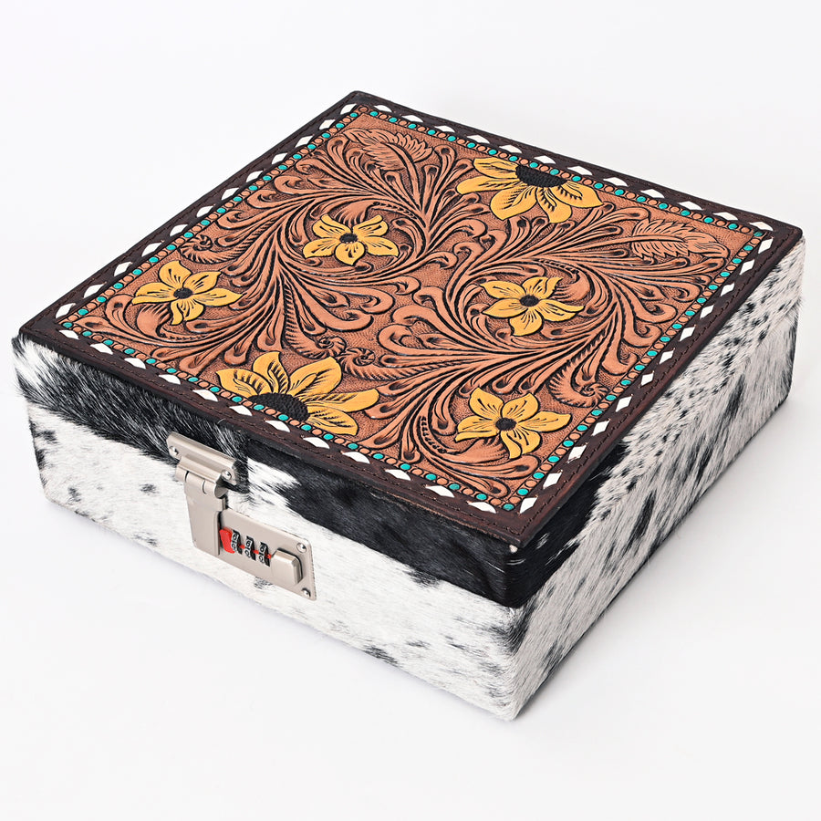 American Darling Western Hand Tooled Leather Hair-On Cowhide Jewelry Case - Hilason