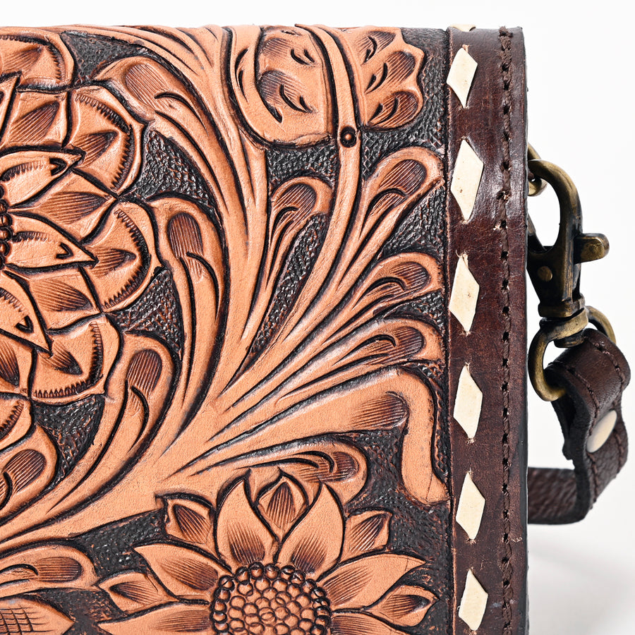 American Darling Hair-On Cowhide Hand Tooled Floral Carved Buck Stitched Genuine Leather Small Cross body Bag Vegetable-Tanned