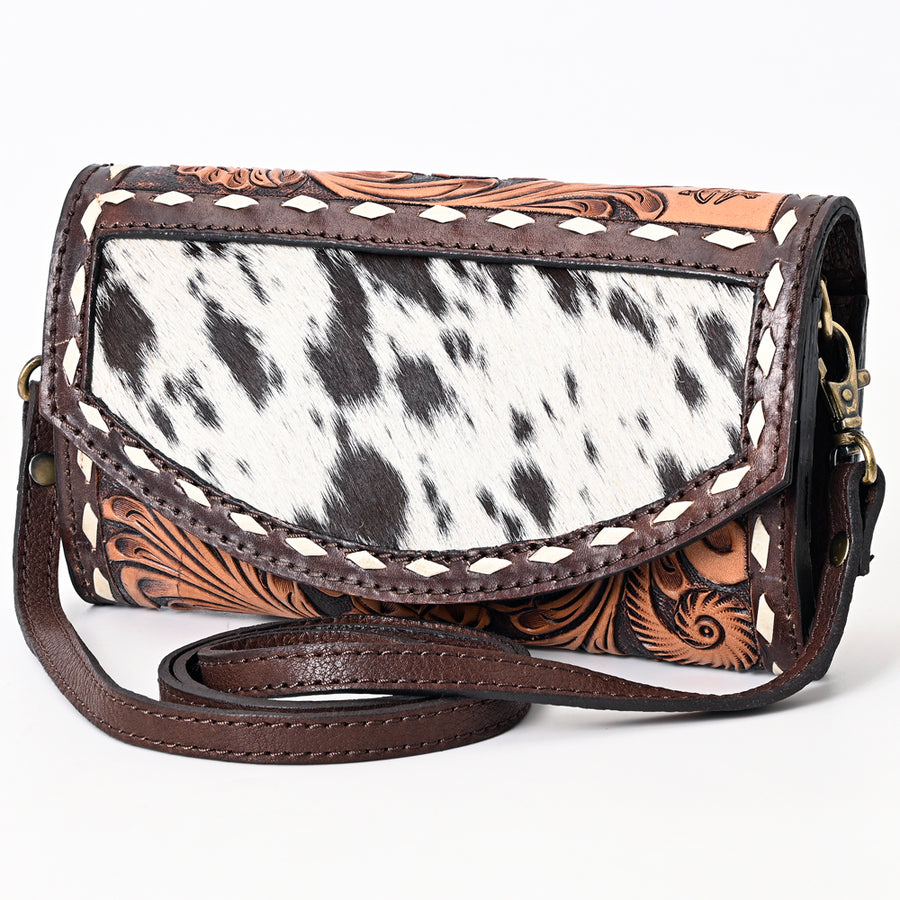 American Darling Hair-On Cowhide Buck Stitched Small Cross body Bag Hand Tooled Genuine Leather - Uhorse