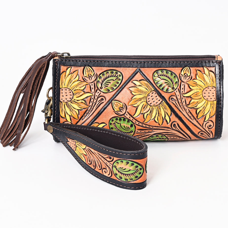 American Darling Hand Tooled Floral Carved Genuine Leather Fringe Wristlet Bag Vegetable-Tanned Eco-Friendly Western