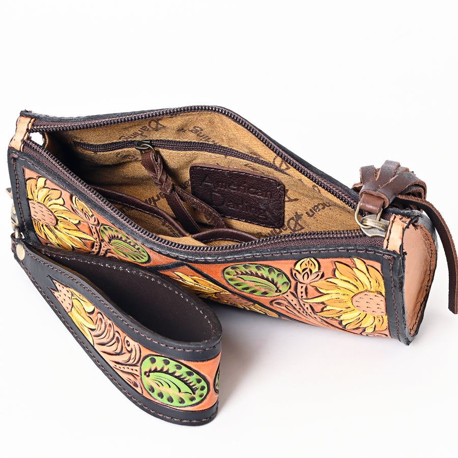 American Darling Hand Tooled Floral Carved Genuine Leather Fringe Wristlet Bag Vegetable-Tanned Eco-Friendly Western