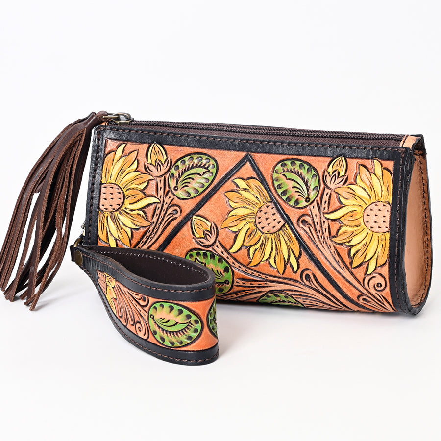 American Darling Hand Tooled Floral Carved Genuine Leather Fringe Wristlet Bag - Uhorse
