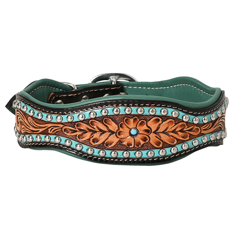 Large Hilason Western Hand Carved Floral Genuine Leather Dog Collar Brown With Tooled - Uhorse