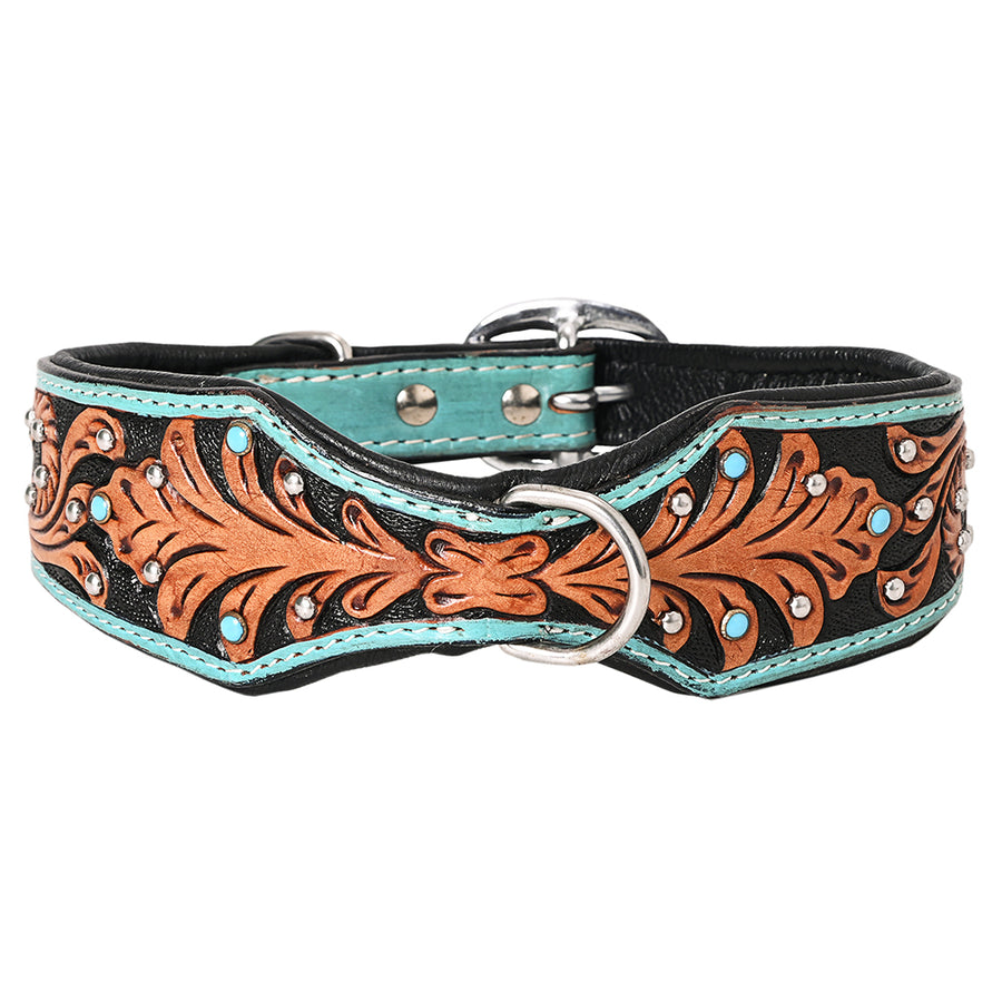 Medium Hilason Western Hand Carved Leaf Genuine Leather Dog Collar Brown With Tooled - Uhorse