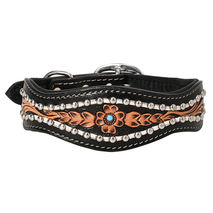 Hilason Western Hand Carved Floral Genuine Leather Dog Collar Black With Tooled - Uhorse