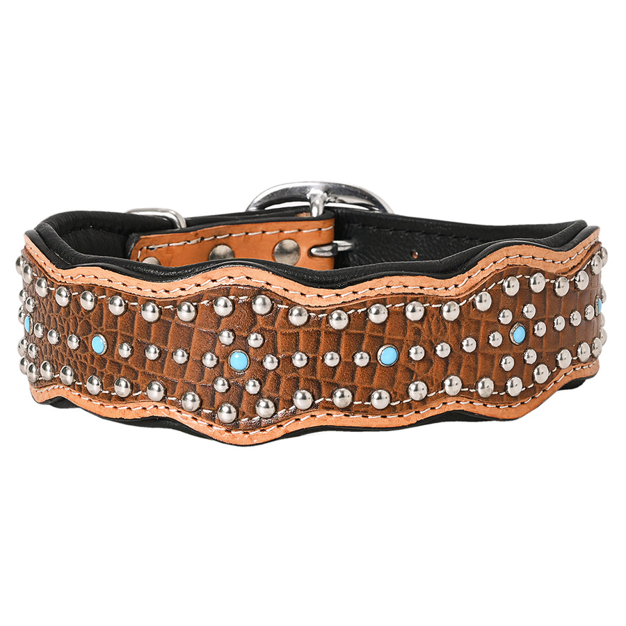 Large Hilason Western Genuine Leather Dog Collar Brown Decorated Rivets Hand Work - Uhorse