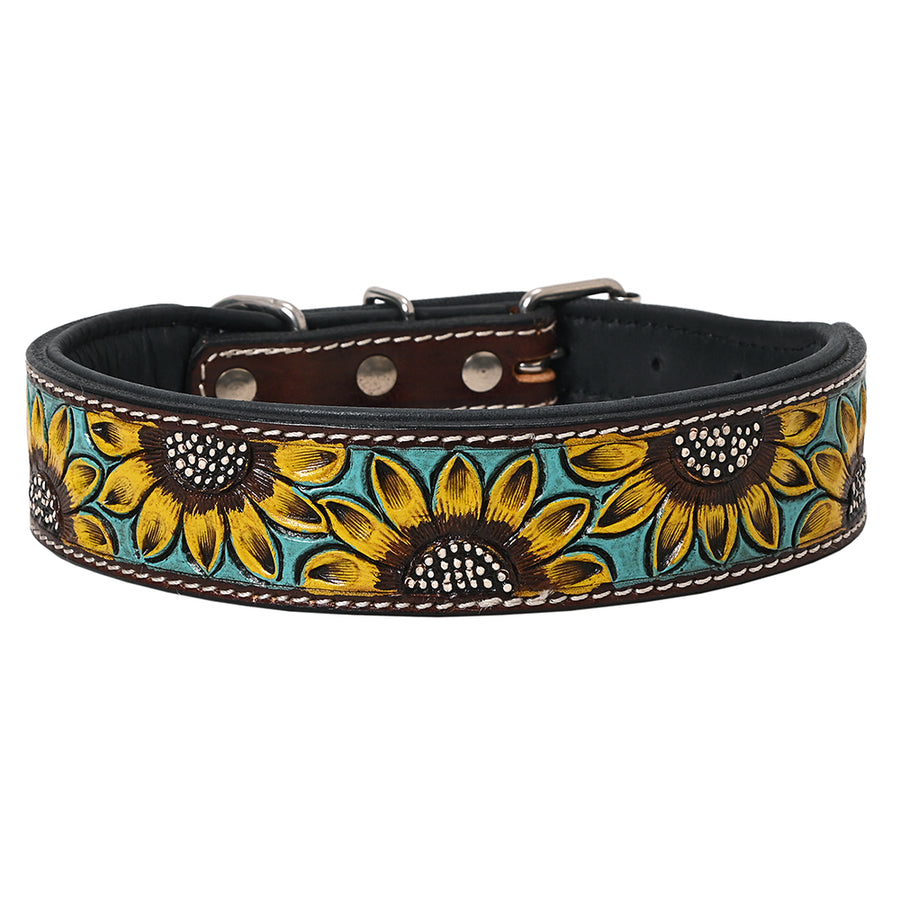 large Hilason Western Hand Painted Sunflower Genuine Leather Dog Collar Brown - Hilason