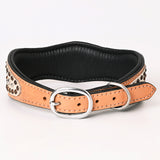 Hilason Western Genuine Leather Dog Collar Tan / White Decorated Rivets Hand Work