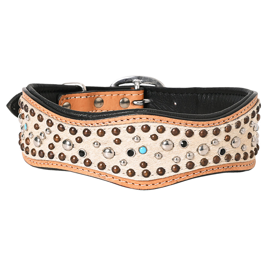 Large Hilason Western Genuine Leather Dog Collar Tan / White Decorated Rivets Hand Work - Hilason