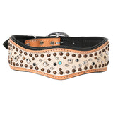 Hilason Western Genuine Leather Dog Collar Tan / White Decorated Rivets Hand Work