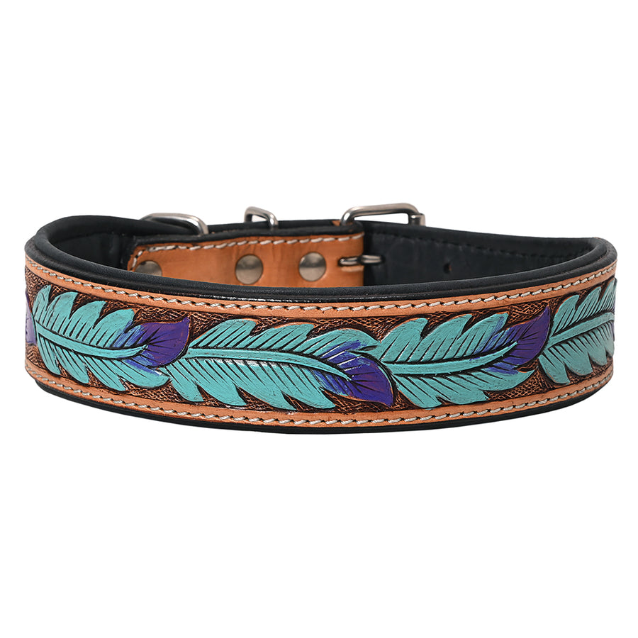 medium Hilason Western Hand Painted Feather Genuine Leather Dog Collar Brown / Turquoise - Hilason