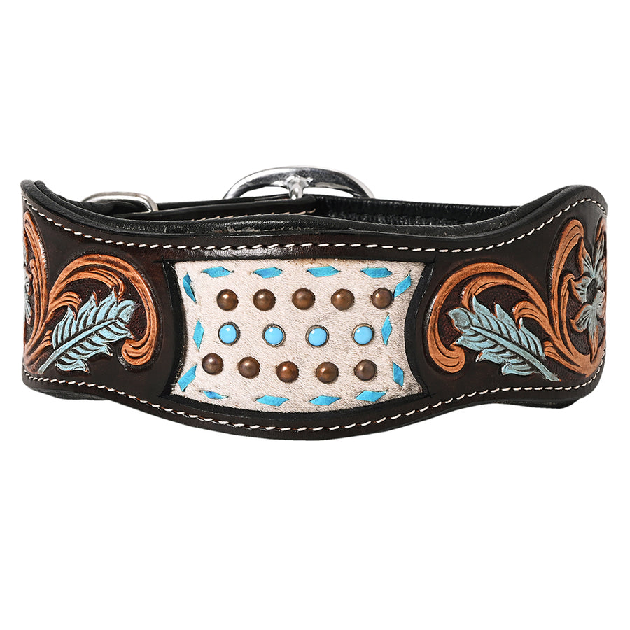 Large Hilason Western Hand Carved Floral Genuine Leather Dog Collar Black With Tooled and Painted - Hilason