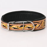 Hilason Western Hand Carved Floral Genuine Leather Dog Collar Tan / Black Inlay With Hand Tooled & Painted