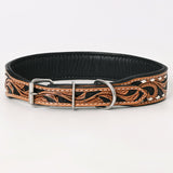 Hilason Western Hand Carved Floral Genuine Leather Dog Collar Brown / Black Inlay With Hand Tooled & Painted