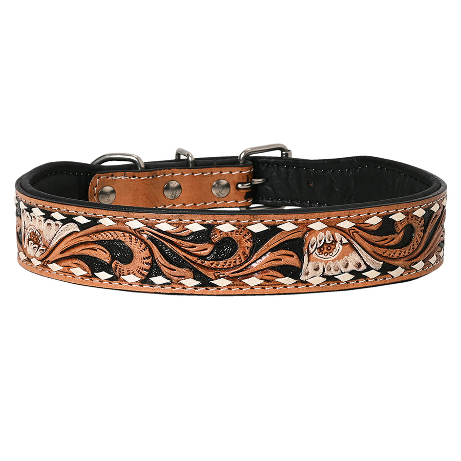 Medium Hilason Western Hand Carved Floral Genuine Leather Dog Collar Brown / Black Inlay With Tooled and Painted - Uhorse