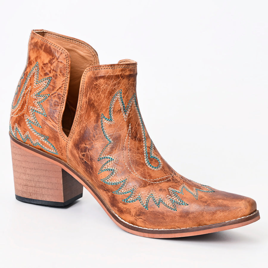 American Darling Women's Western Ankle Boots Handcrafted Tan Leather Booties with Turquoise Stitching and Side - Uhorse