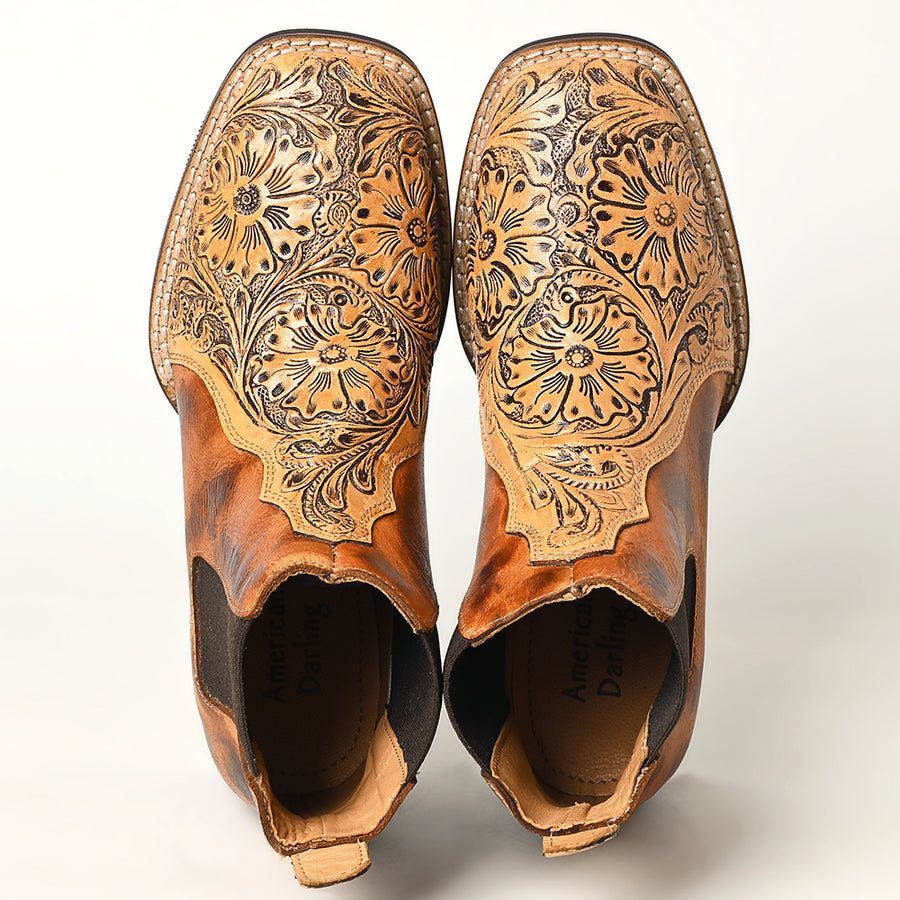 American Darling Floral Hand Curved Genuine Western Leather Riding Ankle Boot | Bag Handbag