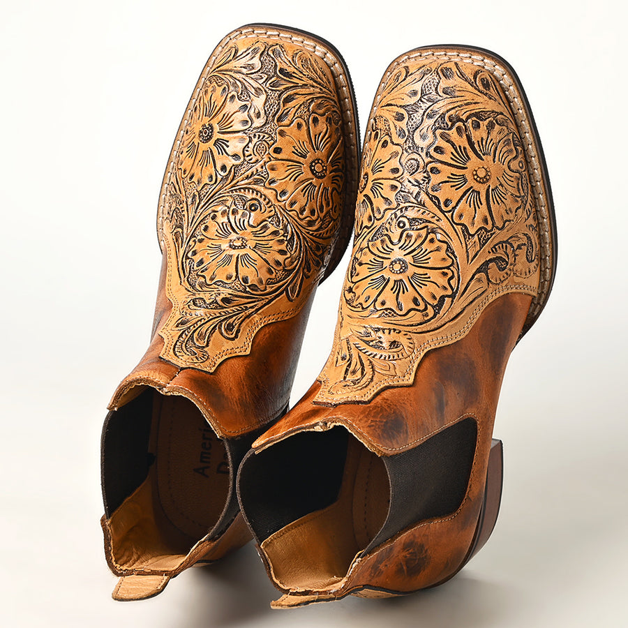 American Darling Floral Hand Curved Genuine Western Leather Riding Ankle Boot | Bag Handbag
