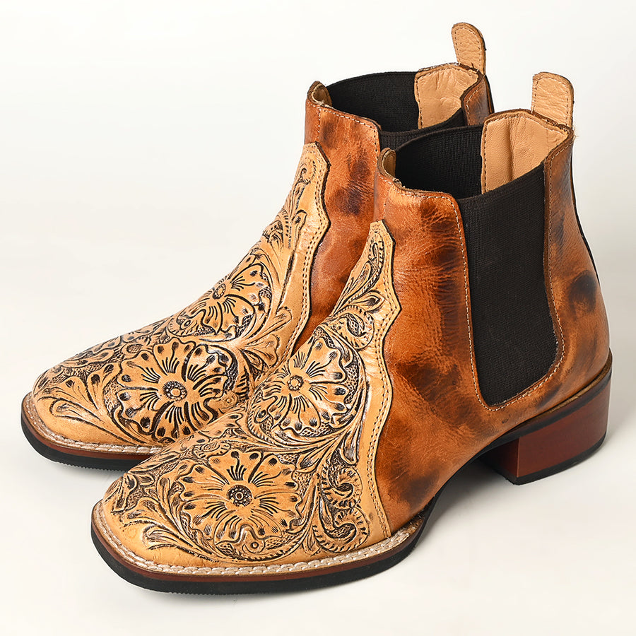 American Darling Floral Hand Curved Genuine Western Leather Riding Ankle Boot - Uhorse
