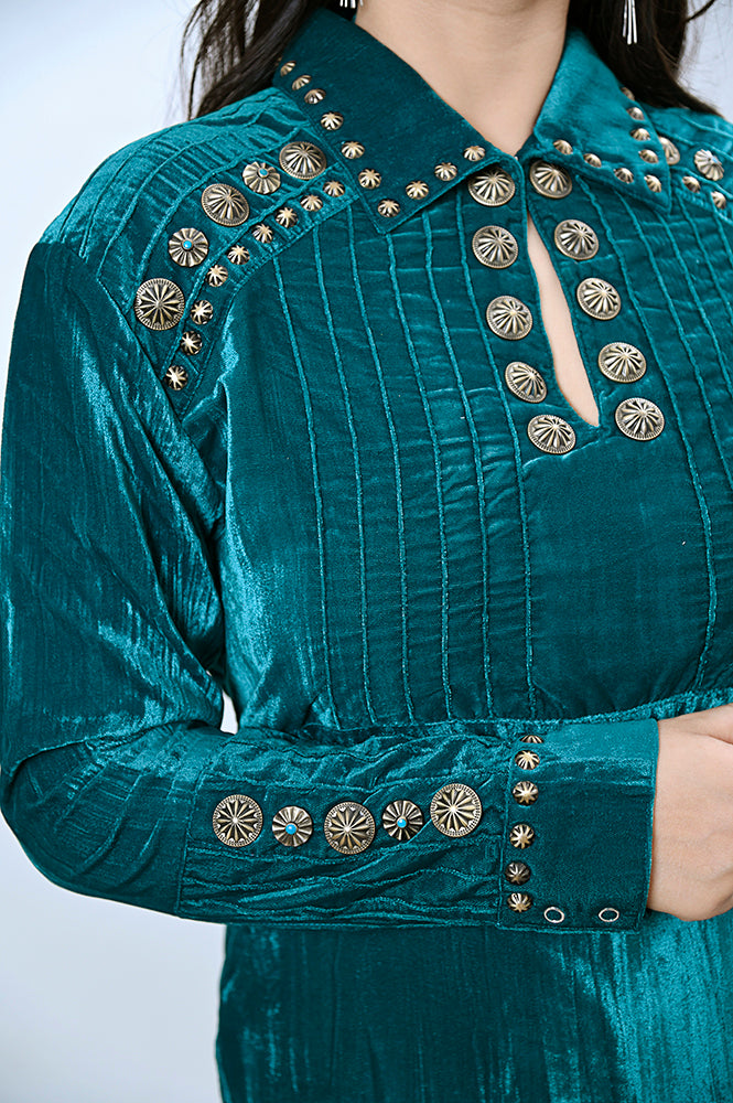 American Darling Velvet Women shirt dress Tunic Ladies girl Top Teal | Vintage Leather