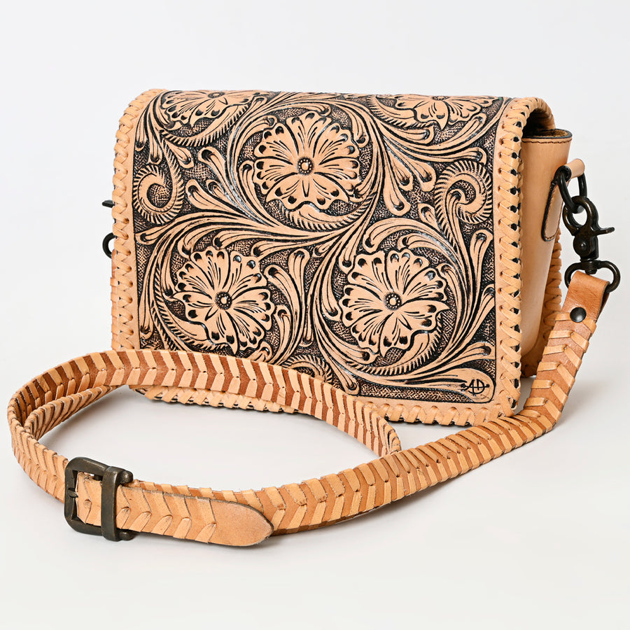 Tan leather crossbody bag with tooled floral design - Uhorse