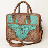 American Darling Turquoise Crocdile Embossed and Hand Tooled Leather Briefcase Tote - Hilason