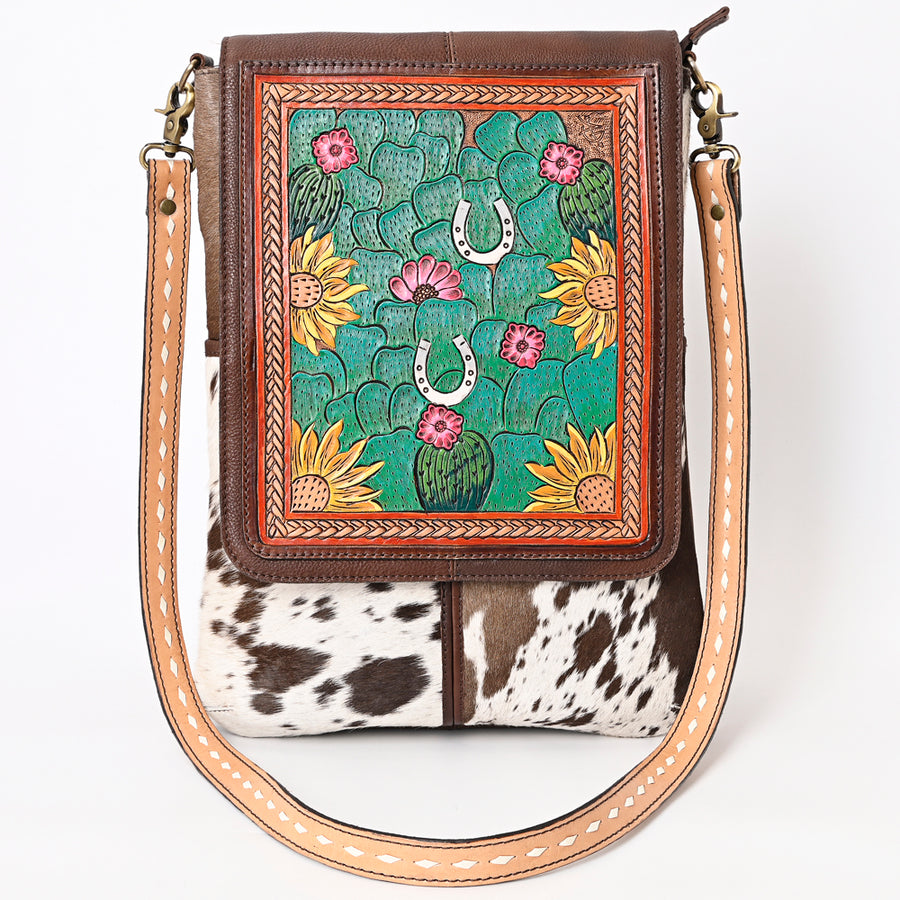 American Darling Hair-On Cowhide Hand Tooled Floral Carved Genuine Leather Messenger Bag Buck Stitched Vegetable-Tanned