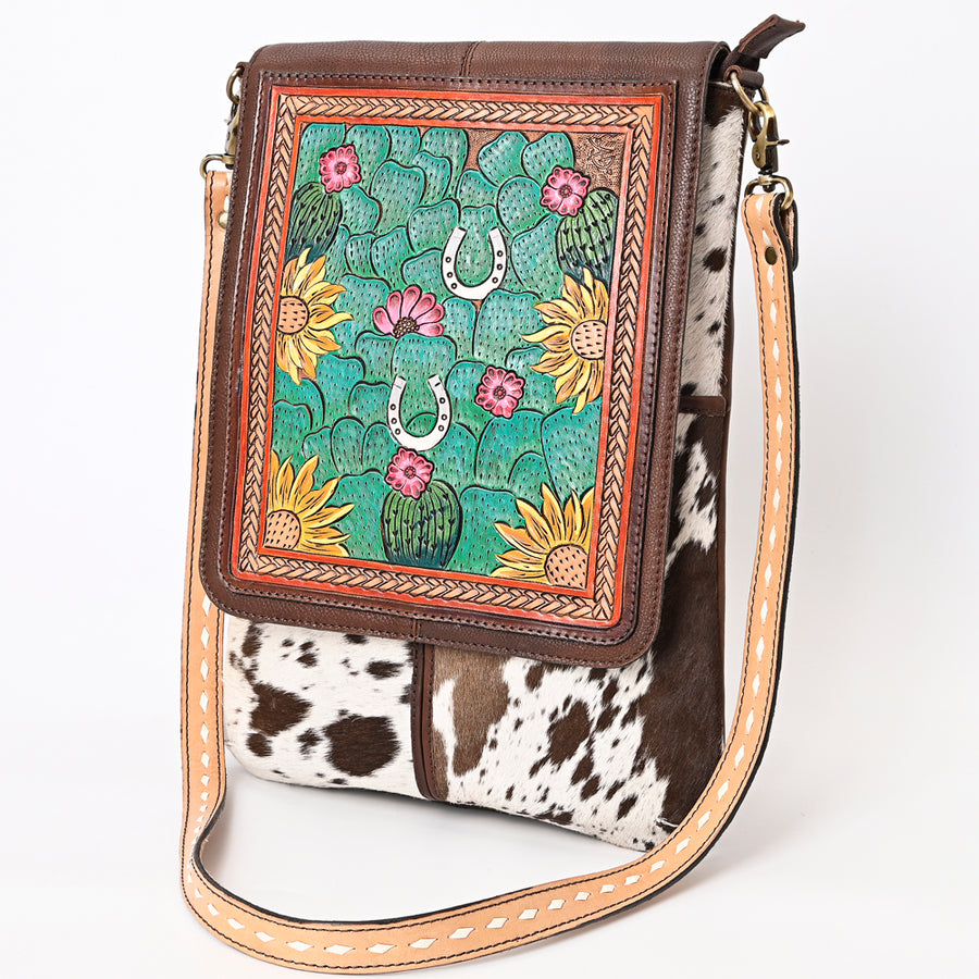 American Darling Hair-On Cowhide Hand Tooled Genuine Leather Messenger Bag - Uhorse