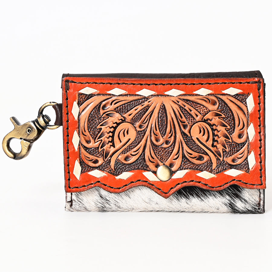American Darling Hair-On Cowhide Hand Tooled Floral Carved Genuine Leather Coin Purse Buck Stitched Vegetable-Tanned
