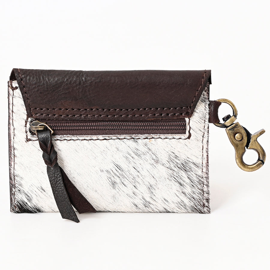 American Darling Hair-On Cowhide Hand Tooled Floral Carved Genuine Leather Coin Purse Buck Stitched Vegetable-Tanned