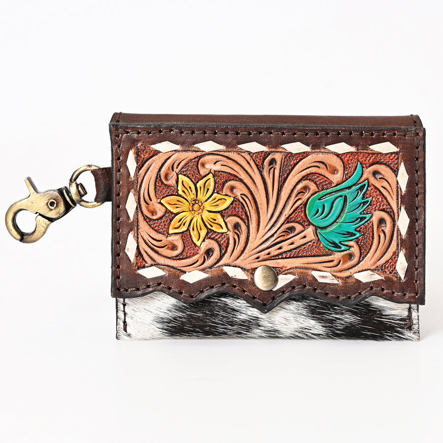 American Darling Hair-On Cowhide Hand Tooled Floral Carved Genuine Leather Coin Purse Buck Stitched Vegetable-Tanned